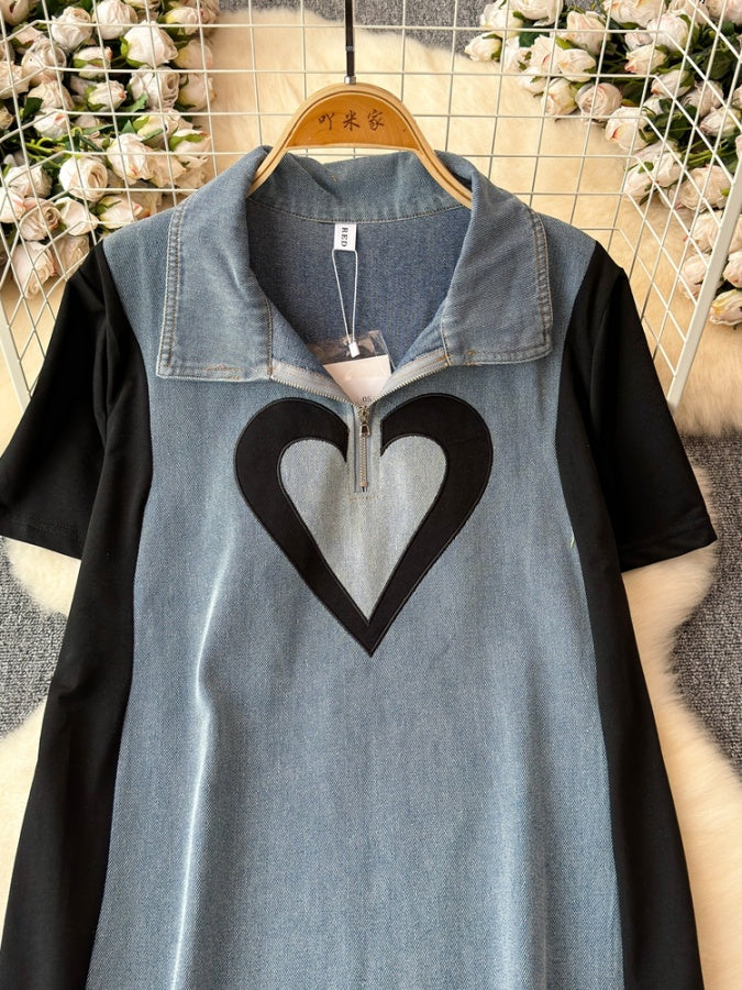 Bicolor Heart Denim Dress X2770