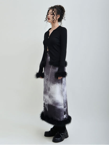 Ink painting pattern back slit fur long skirt X2647