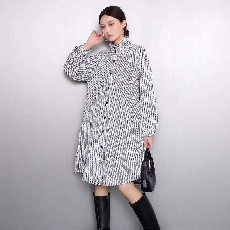 Striped Stand-Collar Long Shirt Dress X3521