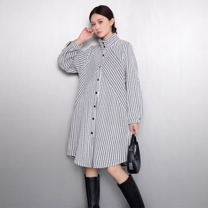Striped Stand-Collar Long Shirt Dress X3521