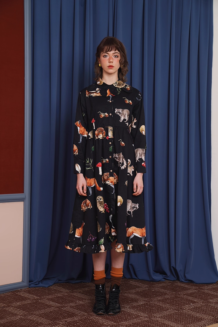 Vintage Animal Illustration Print Long Dress　X3348