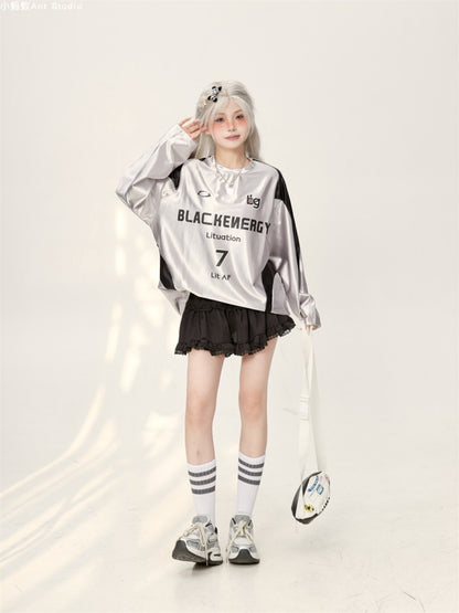 Satin logo print sporty long sleeve T-shirt X2763