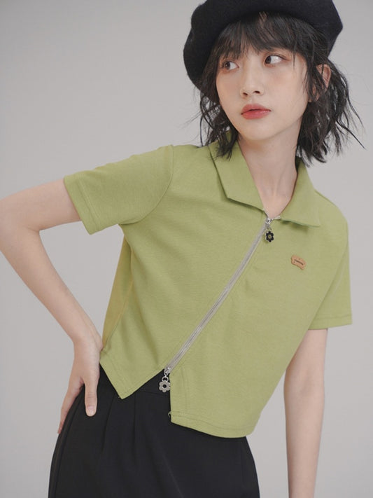 Naname Zip Short Sleeve Cropped Top X2724