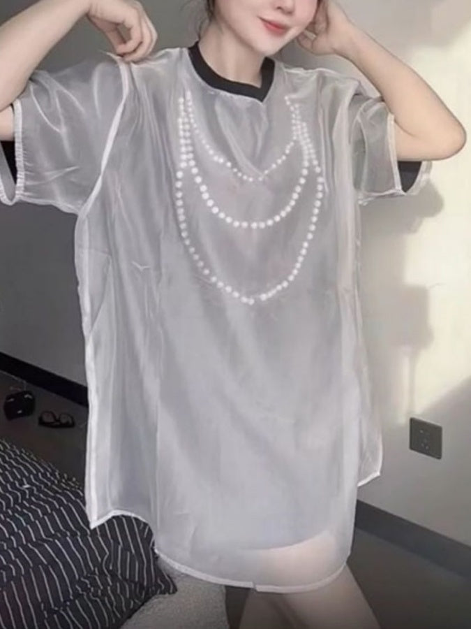 Sheer pearl necklace print T-shirt X2689