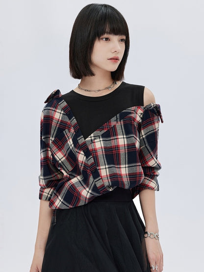 Fake two-piece check pattern shirt X2783