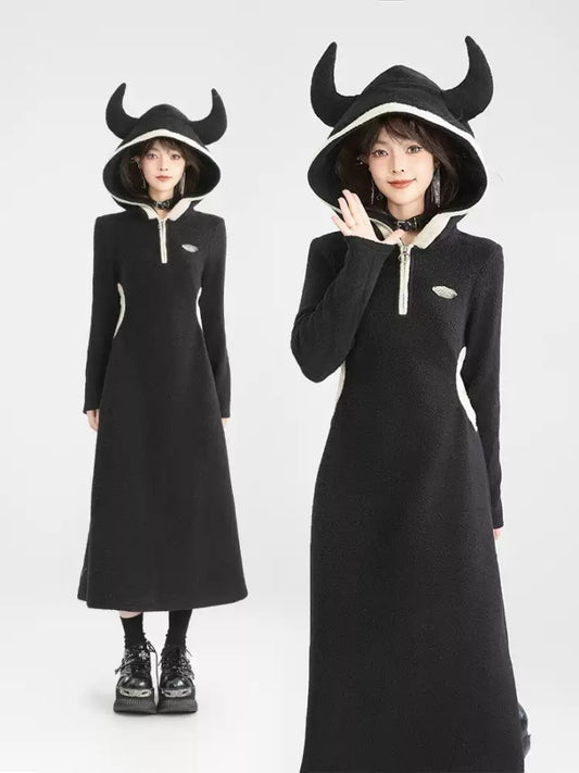 Devil Horn Hooded Long Dress X2936