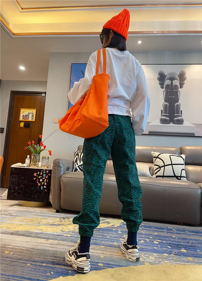 秋季豹紋高腰修身抽繩慢跑運動褲 X3501