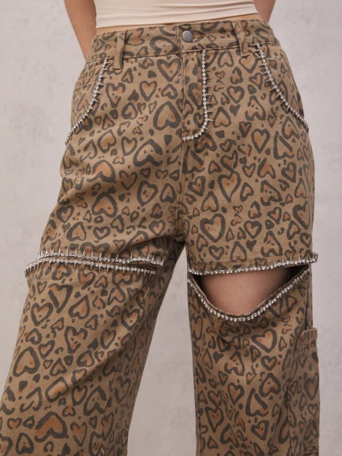 Leopard cut-out casual pants X2788