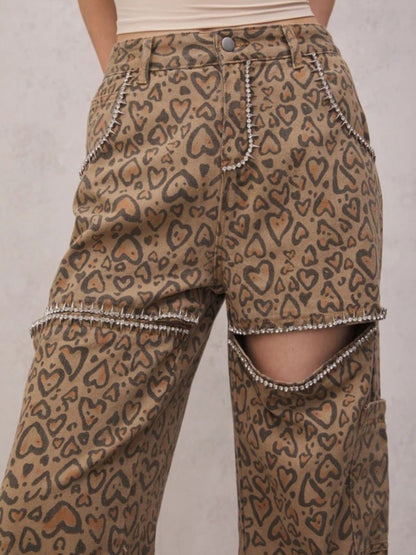 Leopard cut-out casual pants X2788