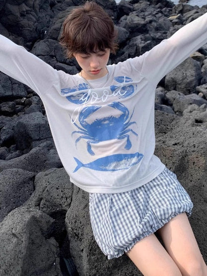 Seafood Print Long-Sleeved Tops X3178