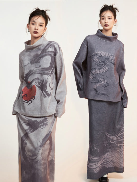 Dragon print high neck pullover/long skirt X2650
