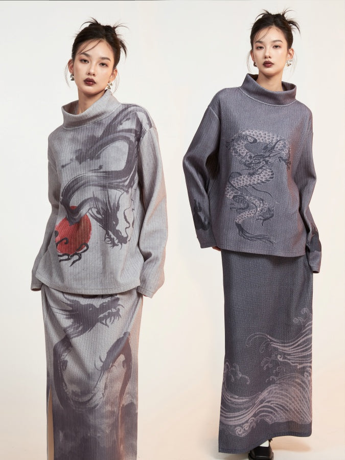 Dragon print high neck pullover/long skirt X2650