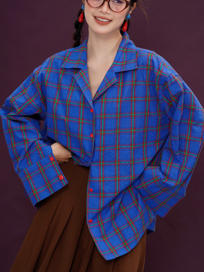 Klein Blue Plaid Retro Loose Long-Sleeve Shirt X3394