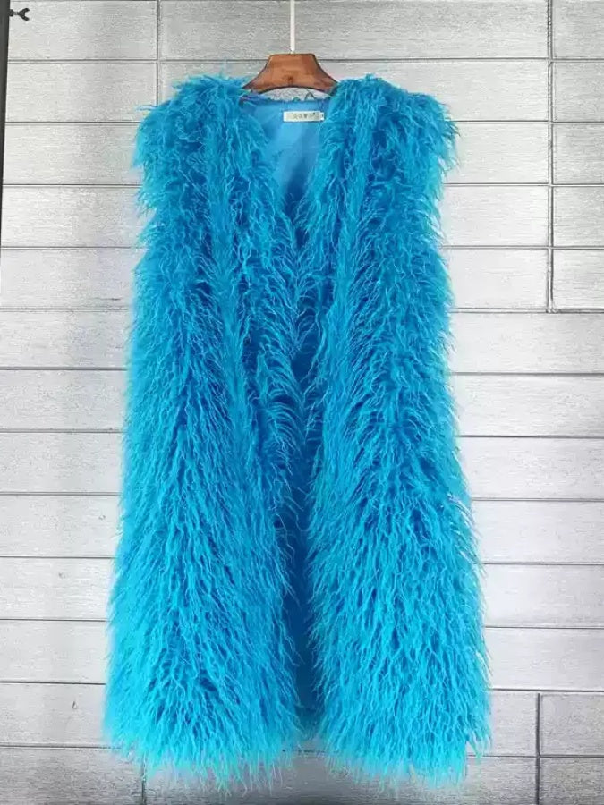 Round neck faux fur long vest jacket X2857