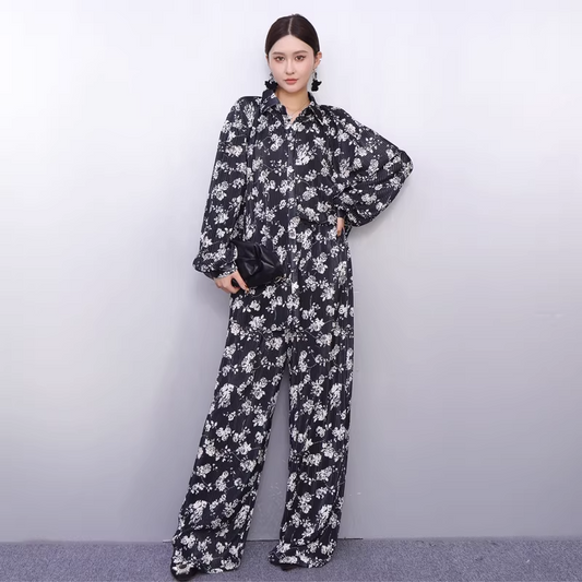 Draped Floral Print Shirt & Wide-Leg Pants Set　X3519