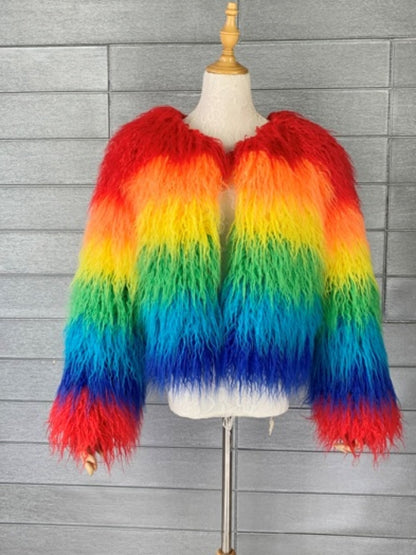 Colorful rainbow color volume silhouette long sleeve fur short jacket X2856