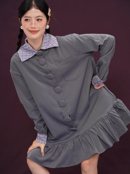 Covered Button Rainbow Plaid Vintage Short Dress X3393