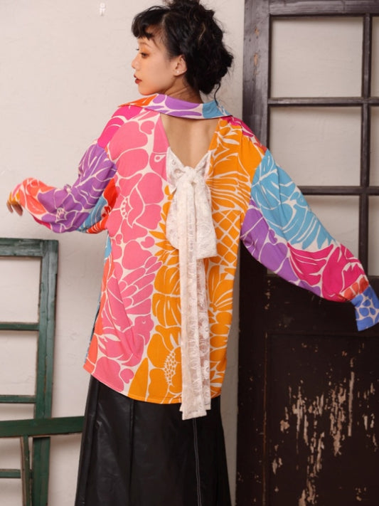 Open back ribbon multicolor shirt　X2493