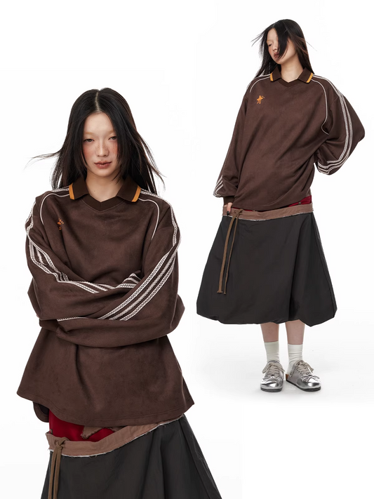 Cocoa Brown Suede Lace Patchwork V-Neck Pullover Sweatshirt　X3330