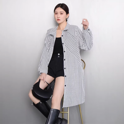 Striped Stand-Collar Long Shirt Dress X3521
