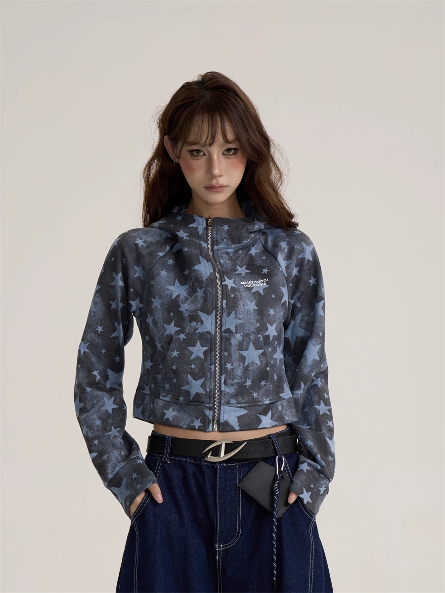 Vintage Retro Star Camo Zip-Up Hoodie Short Jacket　X3389