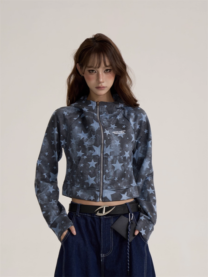 Vintage Retro Star Camo Zip-Up Hoodie Short Jacket　X3389