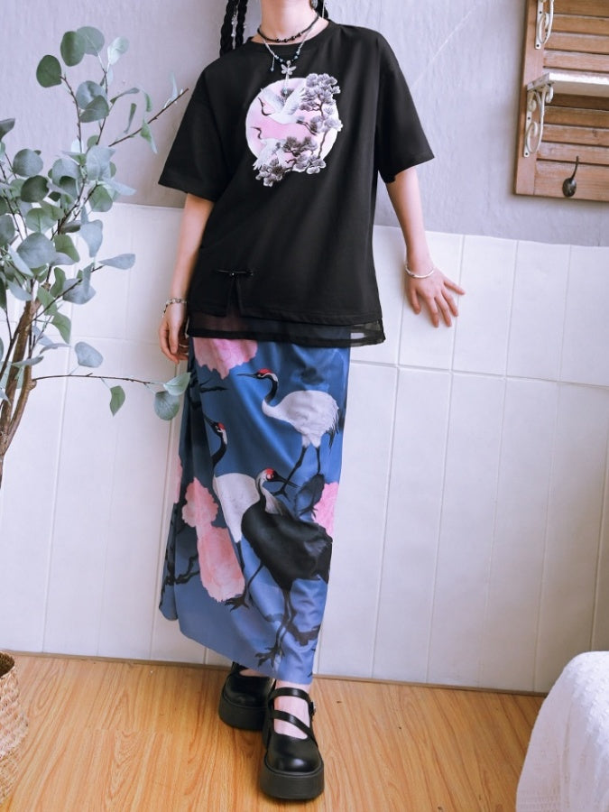 Crane motif long skirt X2780