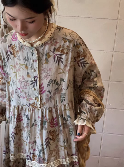 Vintage Mori Girl Style Floral Print Long Sleeve Top / Dress　X3365