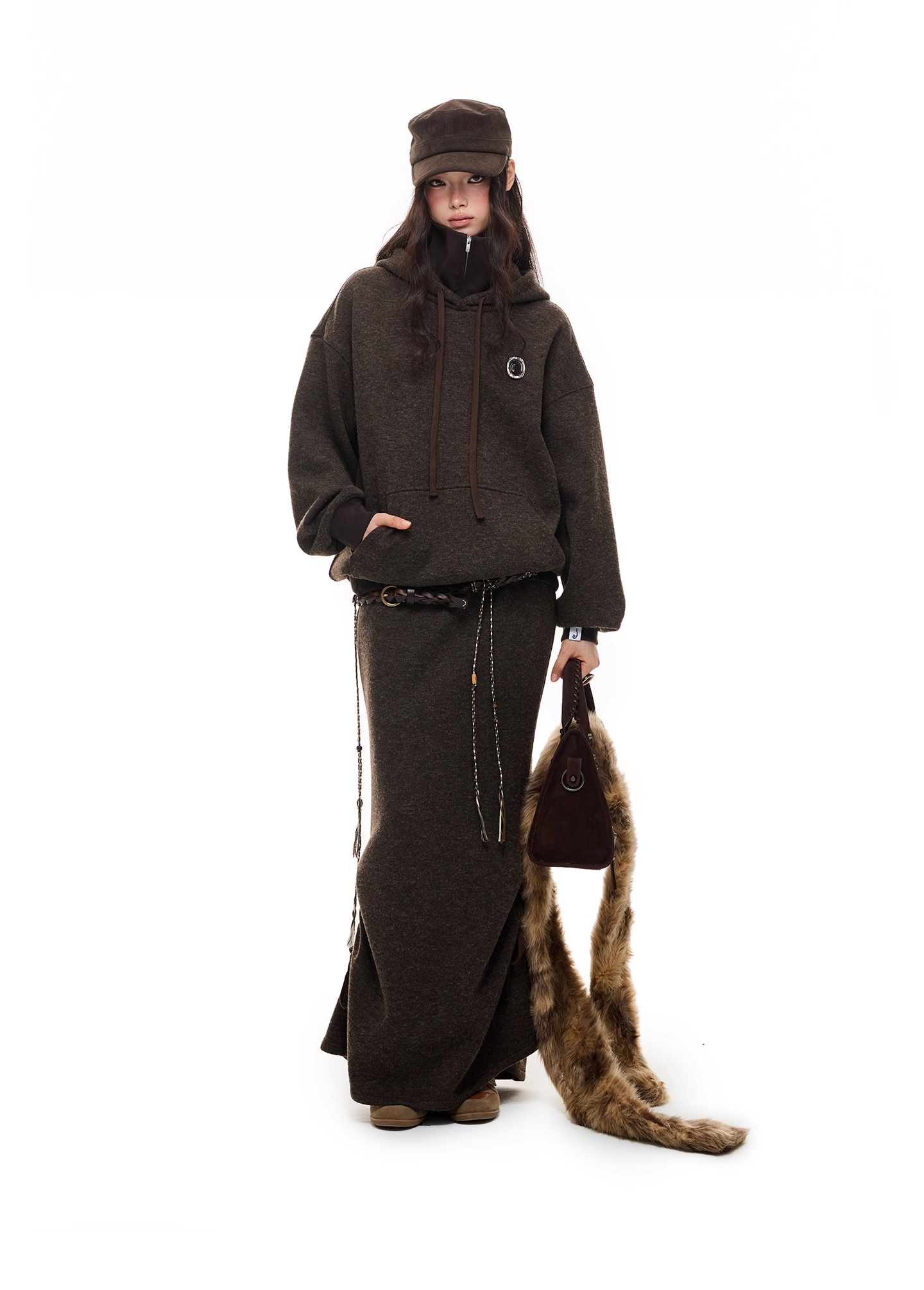 Layered-Look High-Neck Hoodie & Long Skirt 　X3484