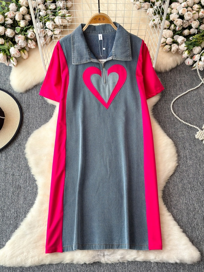 Bicolor Heart Denim Dress X2770