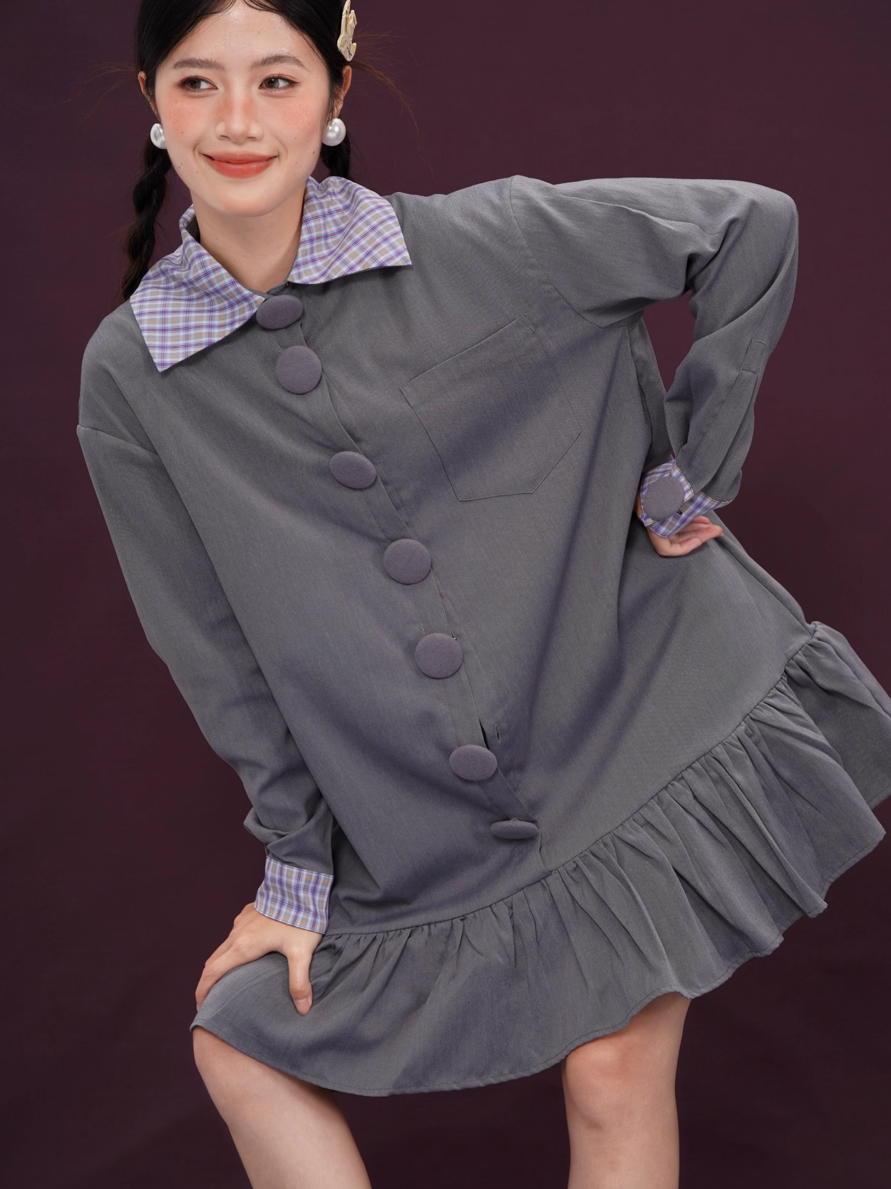 Covered Button Rainbow Plaid Vintage Short Dress X3393