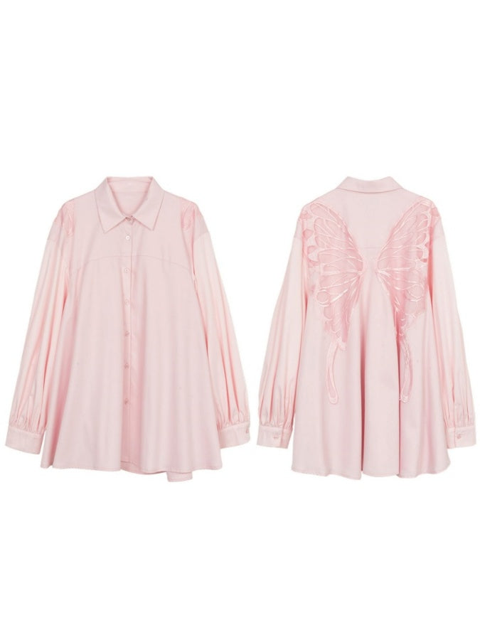 Butterfly motif open back puff sleeve shirt X2766