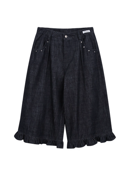 Washed Denim Wide-Leg Cropped Pants　X3335
