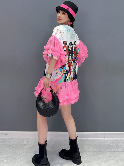 Girls Printed Frill Decoration T-shirt Dress X2696