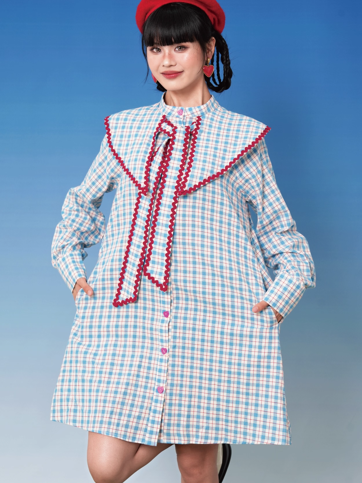 Blue Plaid Doll Collar Short Shirt Dress X3396