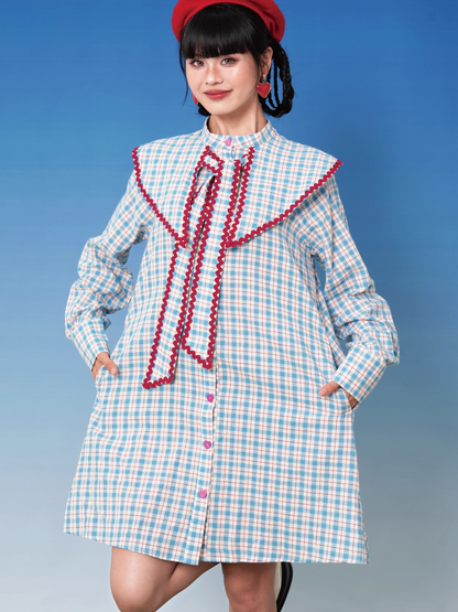 Blue Plaid Doll Collar Short Shirt Dress X3396