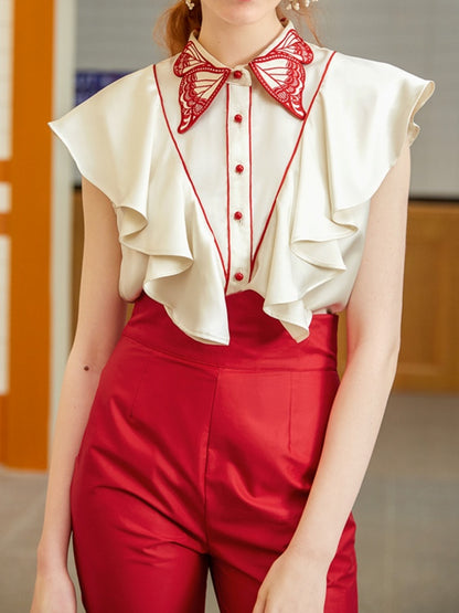 Butterfly tie frill bicolor sleeveless blouse X2713