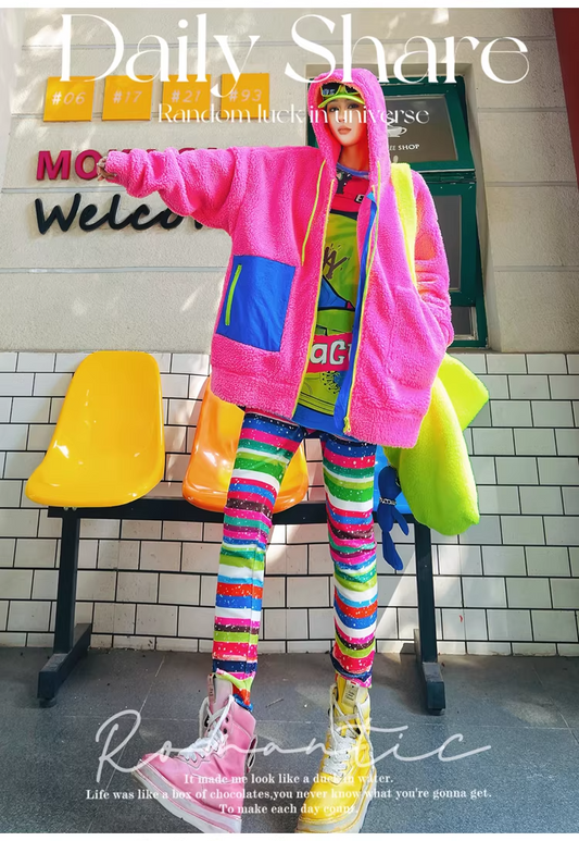 Colorful Print Fleece-Lined Stretch Leggings　X3496