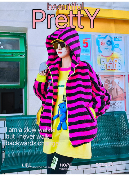 Striped Sherpa Fleece Colorblock Hoodie Jacket　X3408