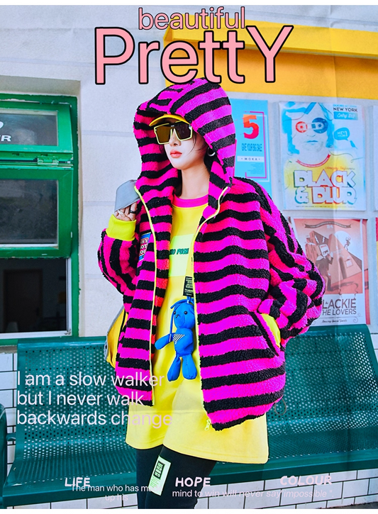 Striped Sherpa Fleece Colorblock Hoodie Jacket　X3408