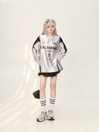 Satin logo print sporty long sleeve T-shirt X2763