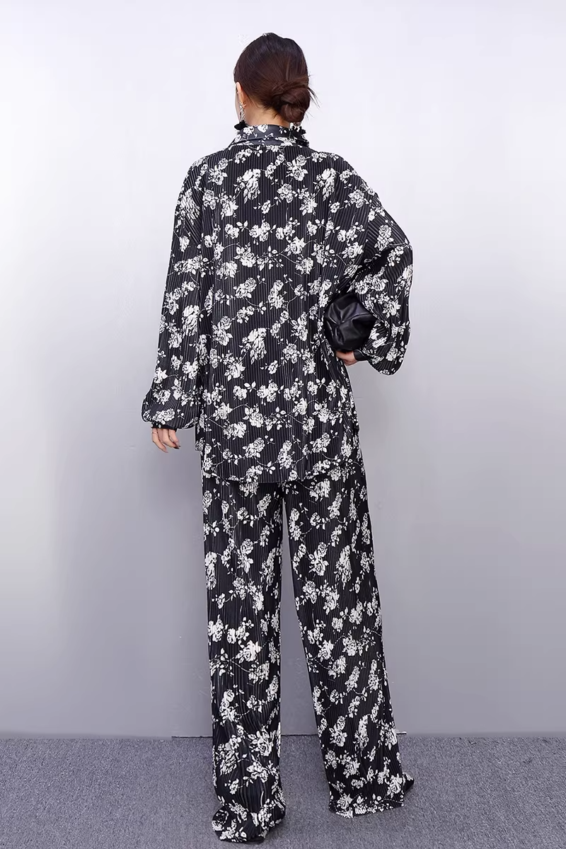 Draped Floral Print Shirt & Wide-Leg Pants Set X3519
