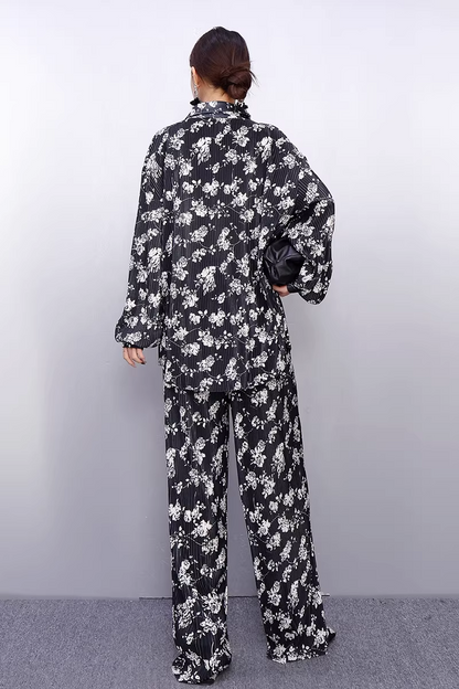 Draped Floral Print Shirt & Wide-Leg Pants Set X3519