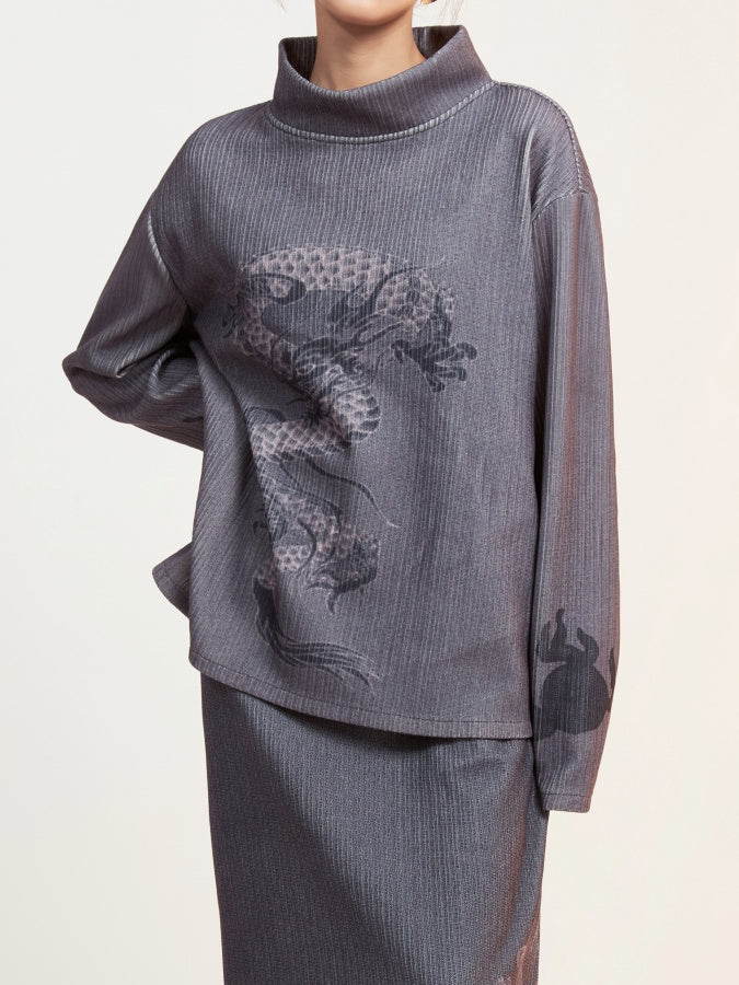 Dragon print high neck pullover/long skirt X2650