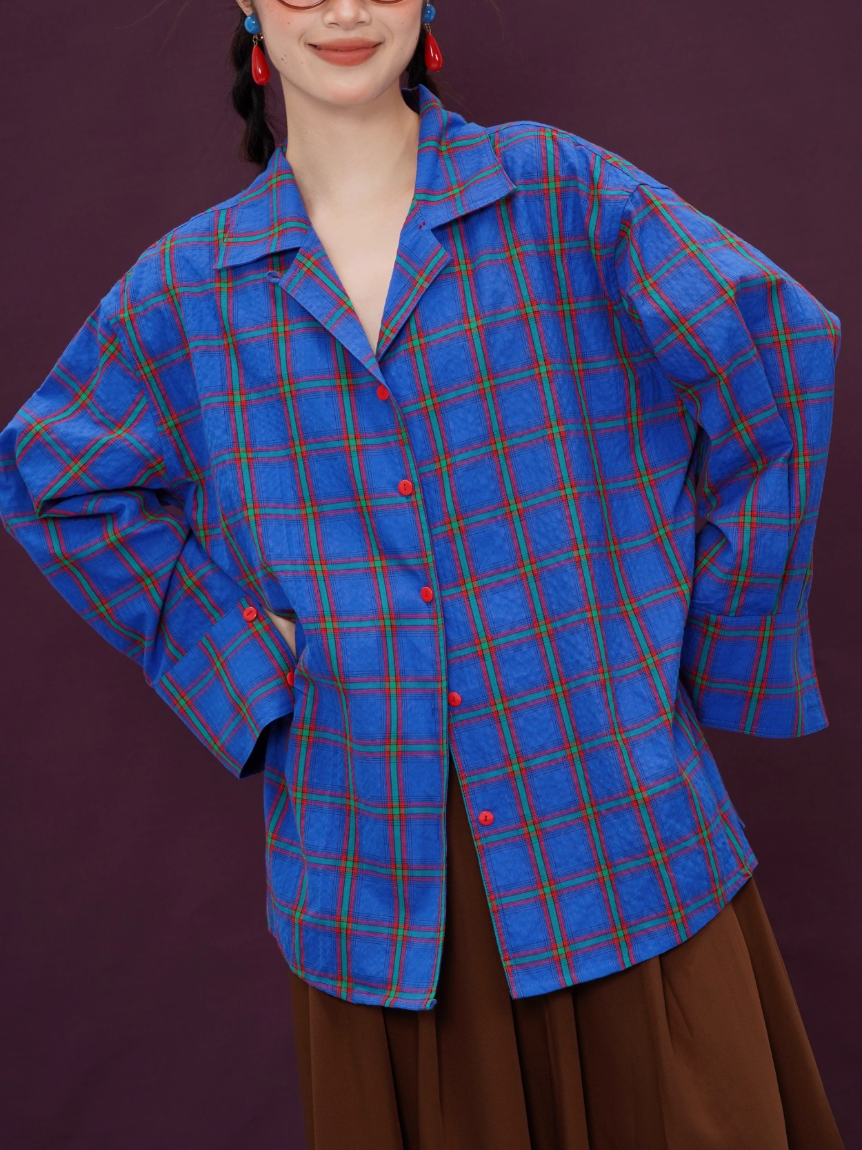 Klein Blue Plaid Retro Loose Long-Sleeve Shirt X3394