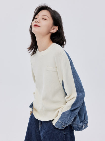 Bicolor denim knit sweater pullover X2782