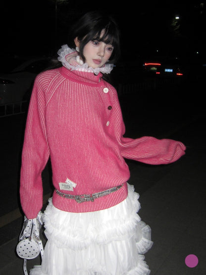 Pink Stripe Ruffle Rong Sweater　X2990