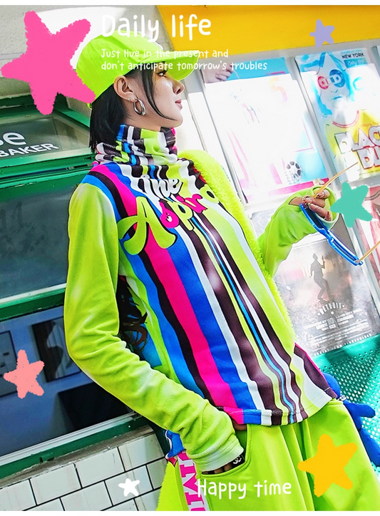 條紋字母印花保暖底高領T卹 X3459