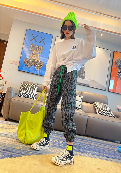 秋季豹紋高腰修身抽繩慢跑運動褲 X3501