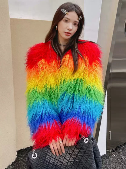 Colorful rainbow color volume silhouette long sleeve fur short jacket X2856